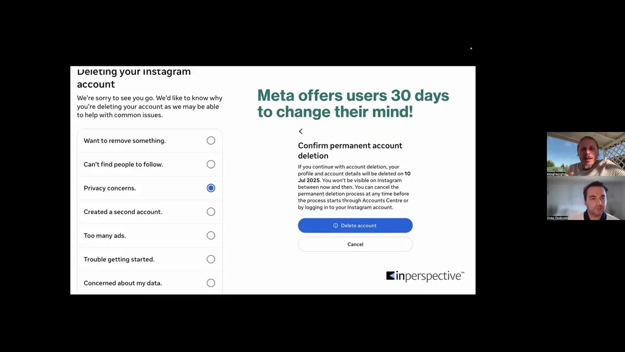 screenshots of the Instagram account deletion process