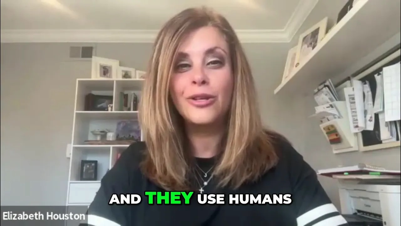Video screenshot of a speaker emphasizing manual human targeting, with on-screen caption 'AND THEY USE HUMANS'.