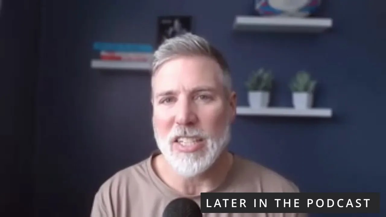 Centered shot of a podcast host speaking directly to camera against a navy background with two small plants on shelves and a 'Later in the Podcast' banner.