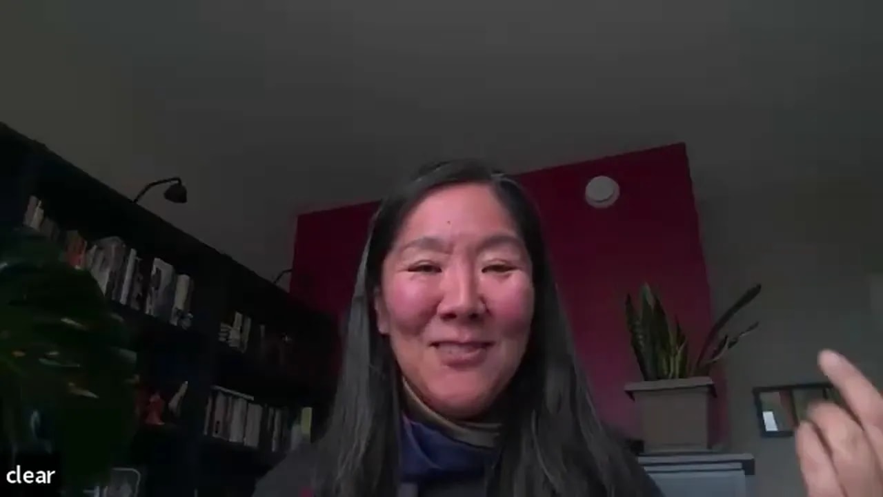 remote speaker on a video call using a hand gesture to emphasize a point