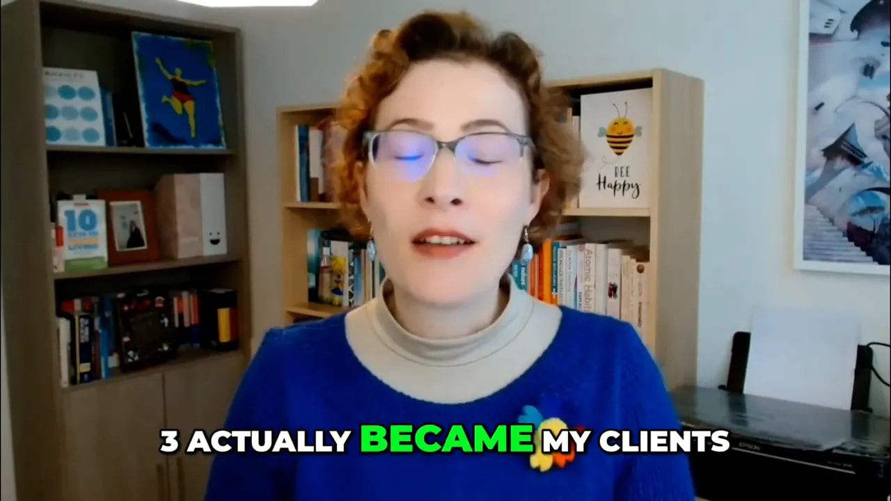 Career coach on video with on-screen text '3 ACTUALLY BECAME MY CLIENTS' illustrating conversions.