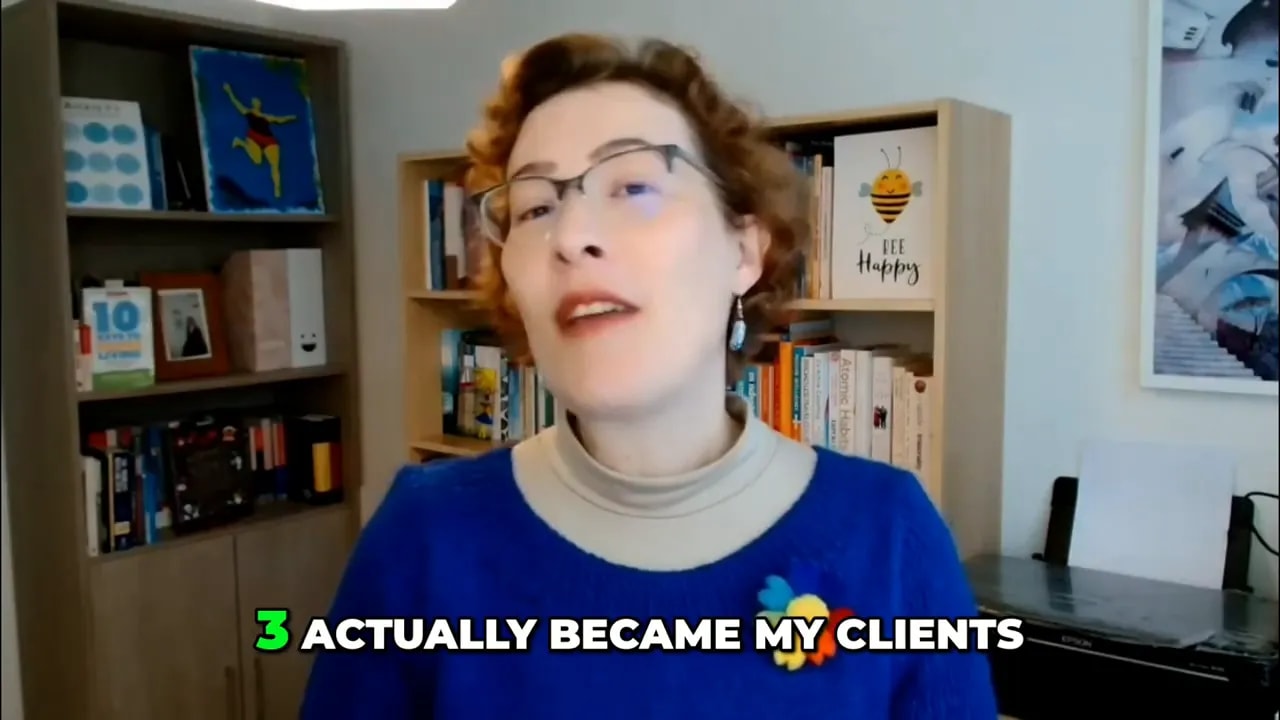 Video still of a coach with on-screen caption reading '3 ACTUALLY BECAME MY CLIENTS'.