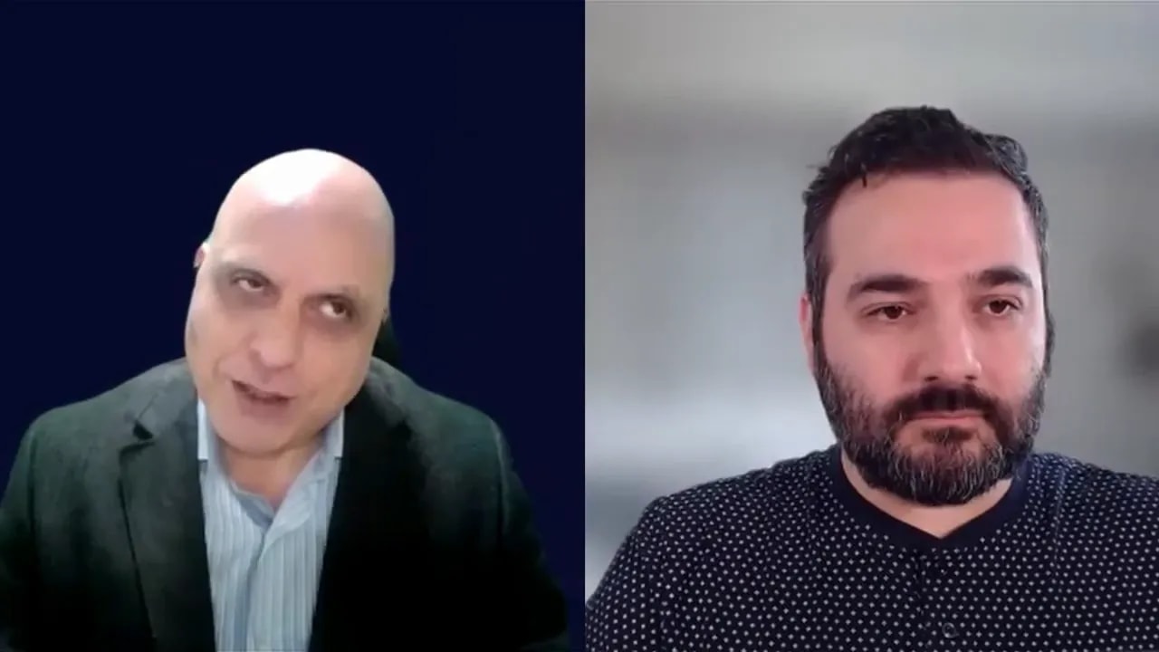 Two-person video call screenshot explaining how legacy patterns show up in business behavior