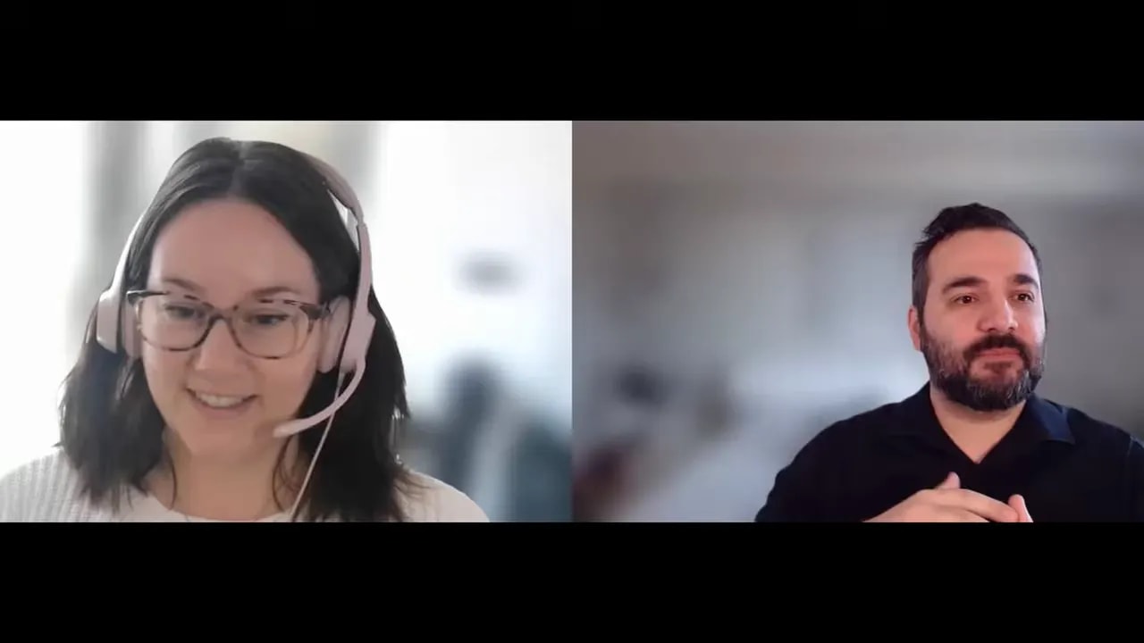 Video call screenshot of two SEO professionals discussing unique expertise and AI overview visibility