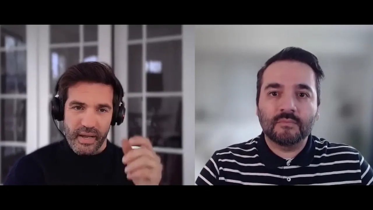 Video interview screenshot of two speakers discussing systems and consistency for scaling a non-profit digital agency