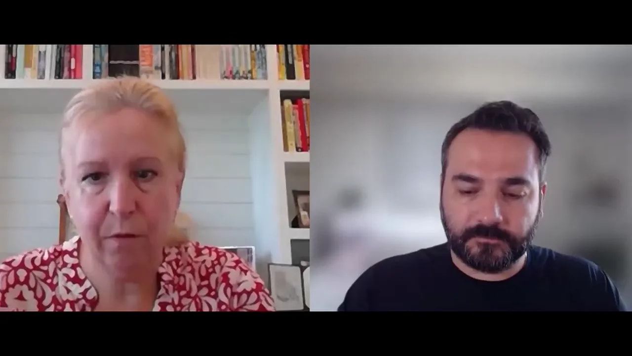 Two speakers in a split-screen podcast conversation