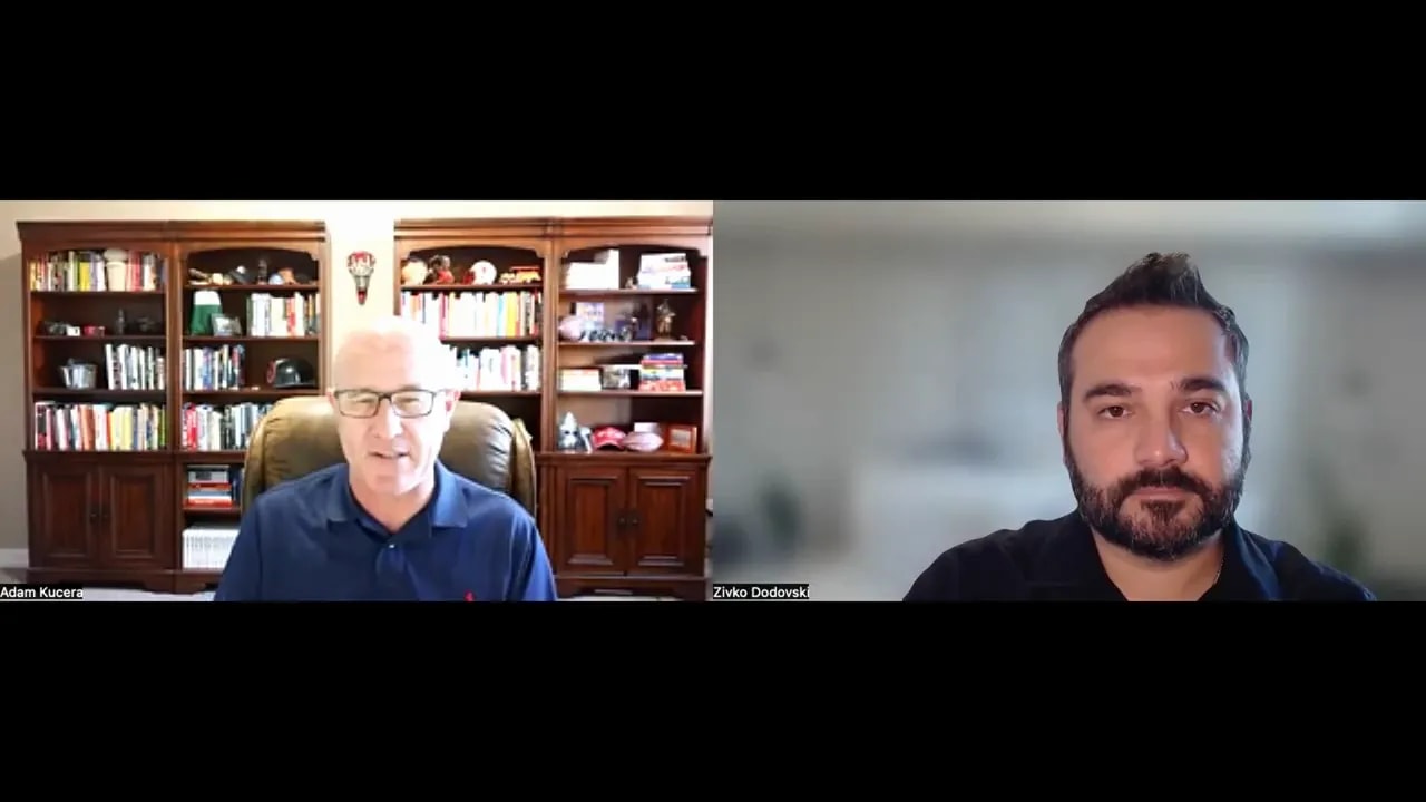 Crisp video-call screenshot of two hosts talking about business and affiliate programs