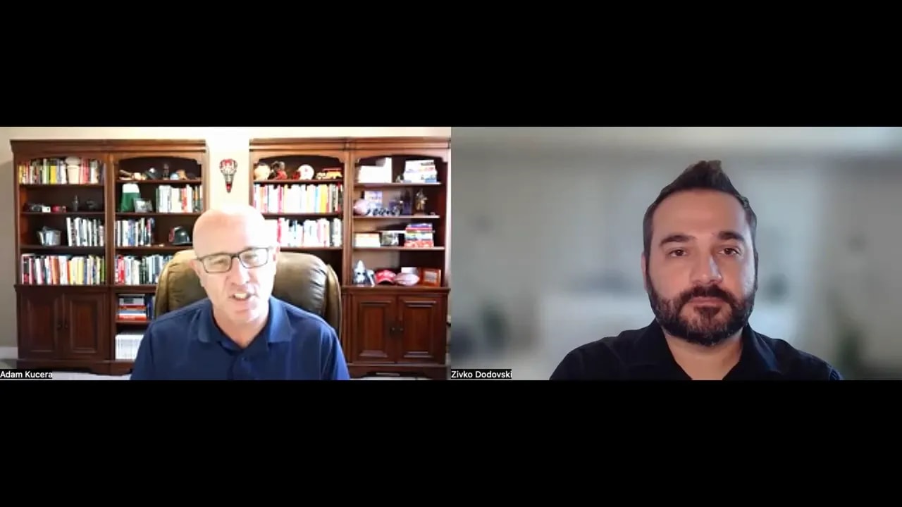 Two people on a video call with clear frontal views, neutral expressions, suitable for an article about leadership.