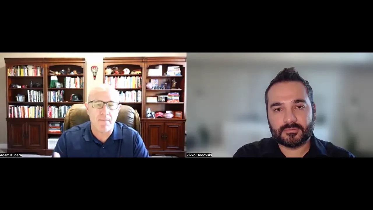 Split-screen video call of two speakers discussing business operations with a bookshelf behind one and blurred background behind the other