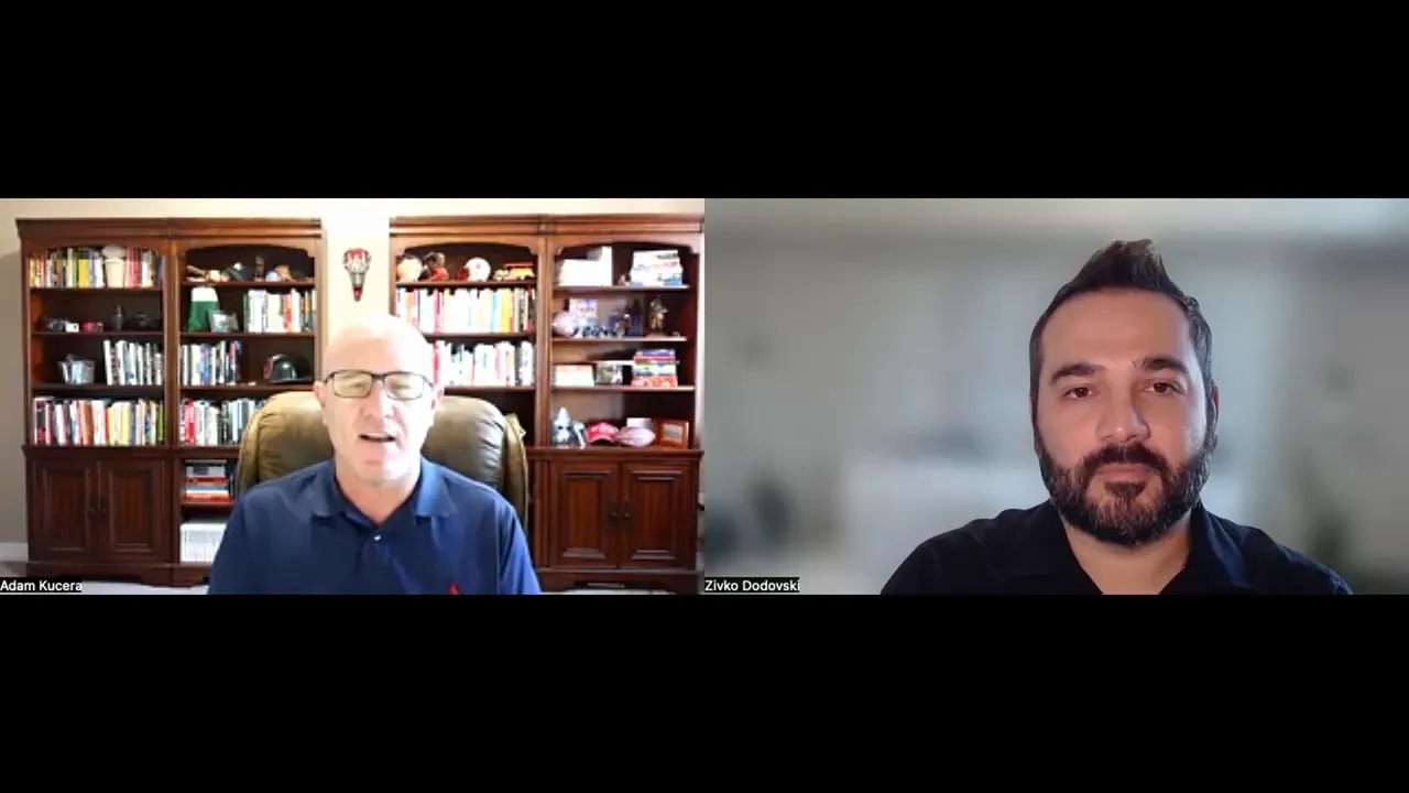 Split-screen interview shot with one speaker framed by a bookshelf and the other against a soft blurred background.