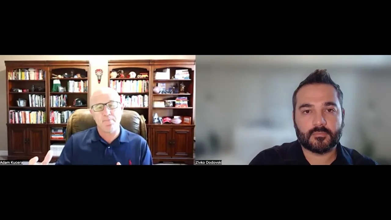 Split-screen interview with bookshelf background on left and clear portrait on right, neutral expressions